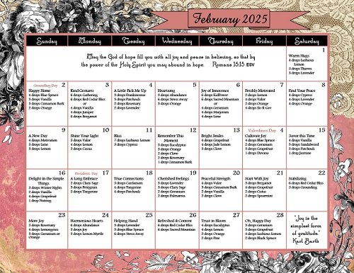 Free February 2025 Diffusing Calendar with essential oil blends