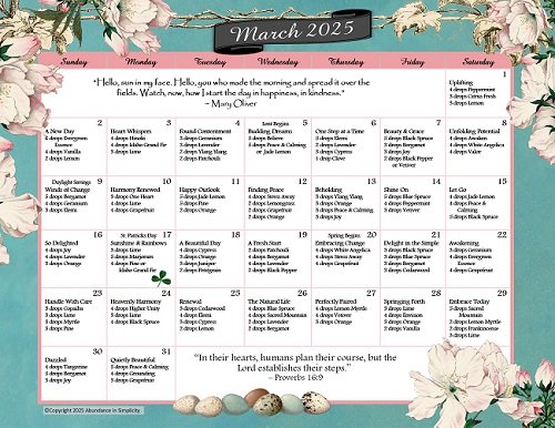 March Diffusing Calendar featuring daily essential oil blends inspired by spring renewal, fresh florals, and uplifting citrus scents for a vibrant home atmosphere