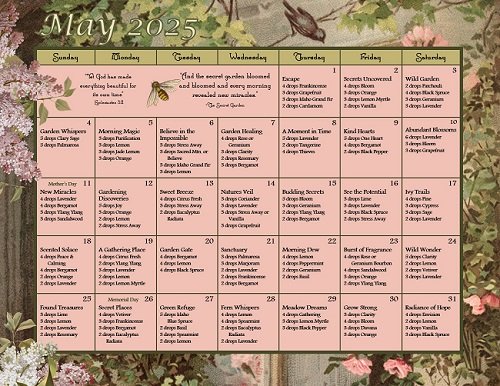 May Secret Garden diffusing calendar with BLOOM, Clarity, and Geranium Bourbon essential oils